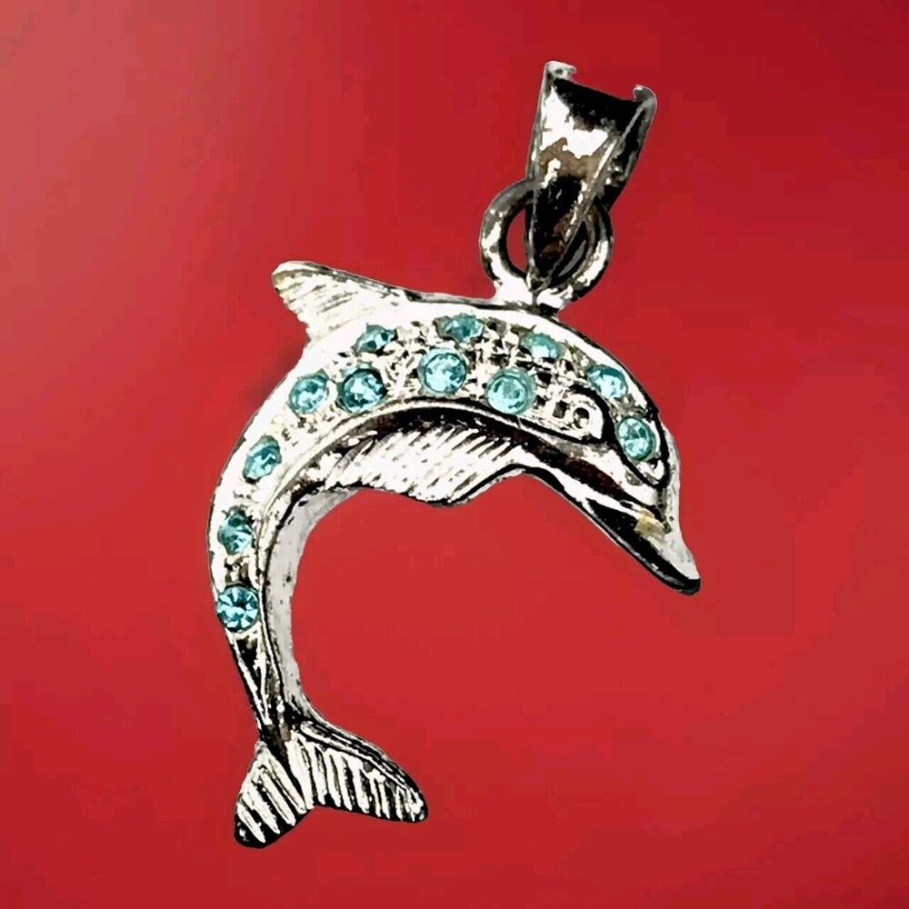 Dolphin Pendant Charm Vintage Metal Small Blue Stones Silver Tone